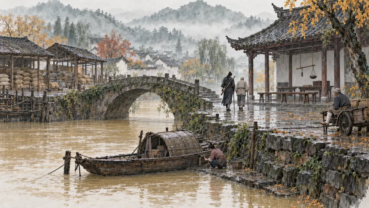 水墨風插圖:雨後的清溪村口,石橋橫跨漲成黃色的河水,橋西是兩座卸了牆板的米棚,廟廊下擺著長凳與秤,遠處兩個小小的身影正走向廟廊。